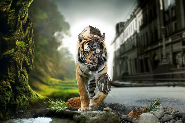 Tiger-cyborg in the mixed reality of the city and nature