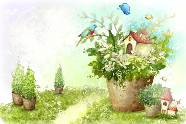 Drawing a hut with flowers in a pot