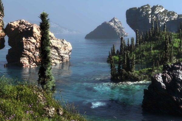 Пейзаж скалы в морской глади