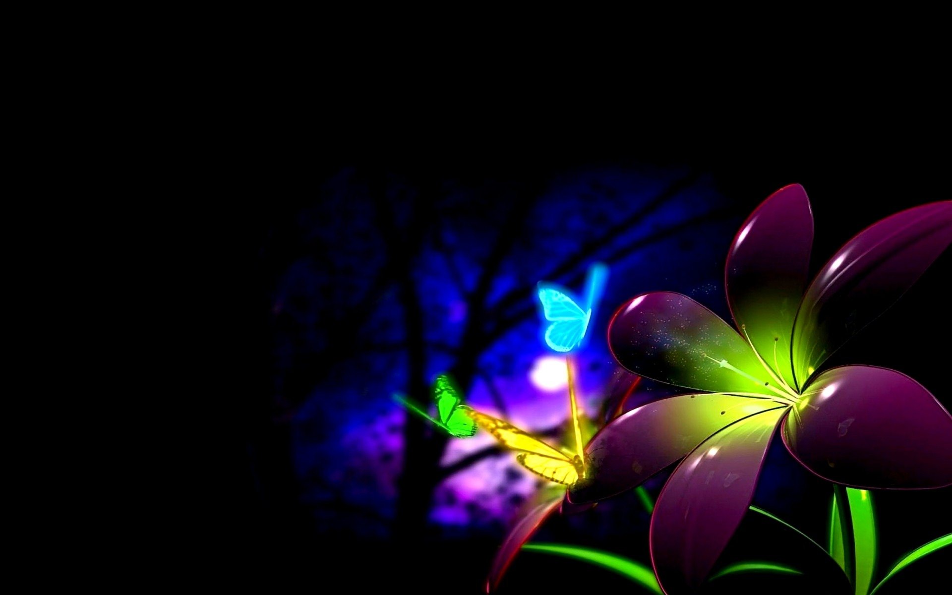 chёrnyy.fon flower colored butterfly night moon