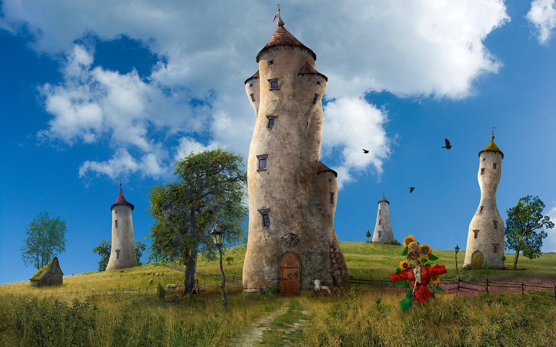 tower clouds stuffed girl cattle