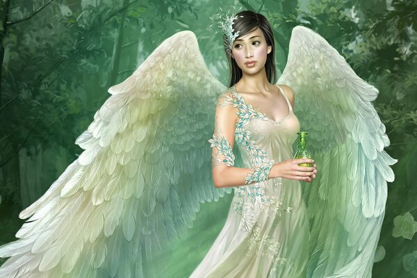 Angel with wings in the forest thicket