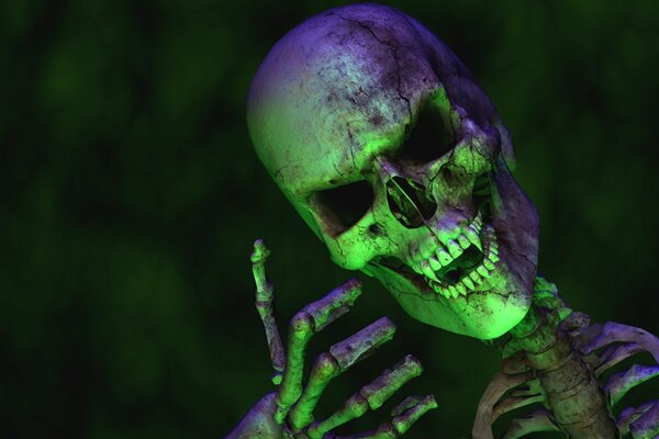 Esqueleto verde-púrpura sobre fondo verde