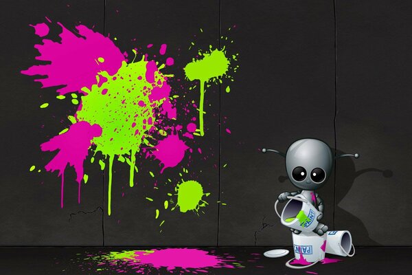 Мультяшный маленький робот рисует на стене яркими красками 3d