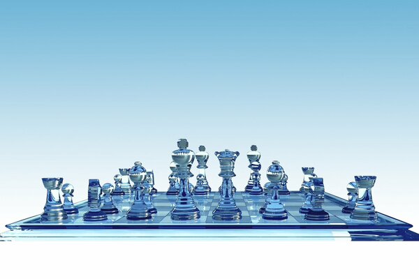 Glass board with chess on a blue background