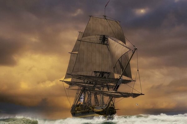 Море со штормом и кораблем с белыми парусами