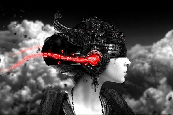 Immagine futuristica di una ragazza in un casco con le cuffie