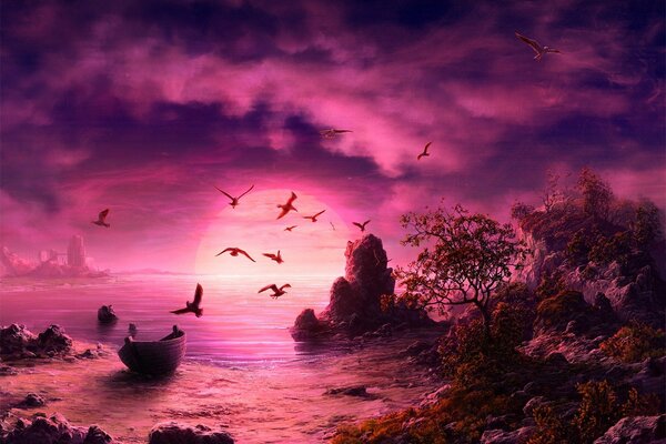 Pink landscape of the coast with seagulls