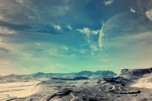 Alien landscape with desert and blue sky