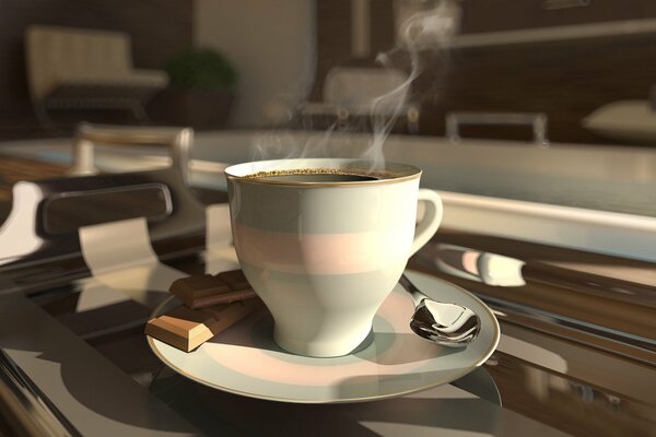 Steaming coffee in a white cup