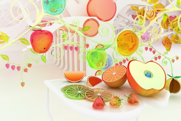 Веселые разноцветные нарисованные фрукты