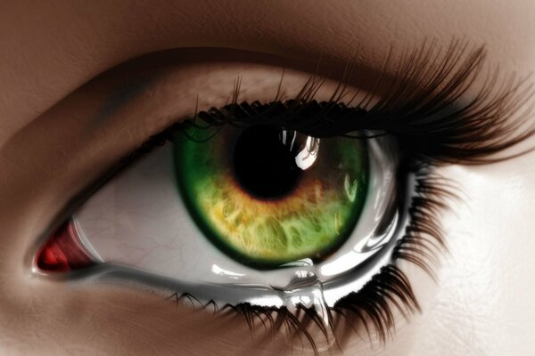 Drawing of a green eye with a tear