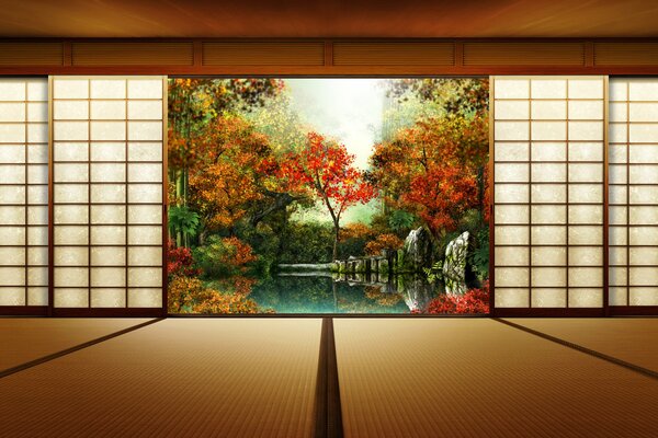Hermosas puertas japonesas con paisaje de otoño