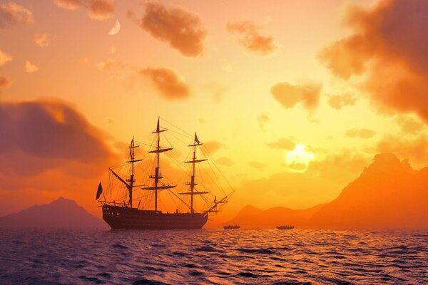 Sailing ship at sunset