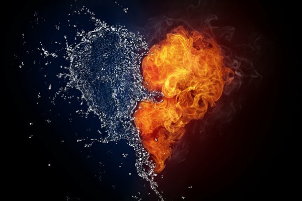 Fire and water in the shape of a heart on a dark background