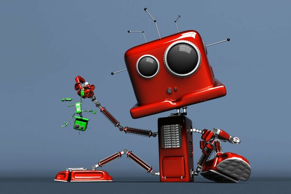 The red robot is playing with the green robot