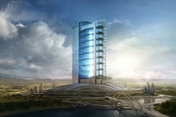 Ein Wolkenkratzer beleuchtet die Sonne in der Stadt der Zukunft