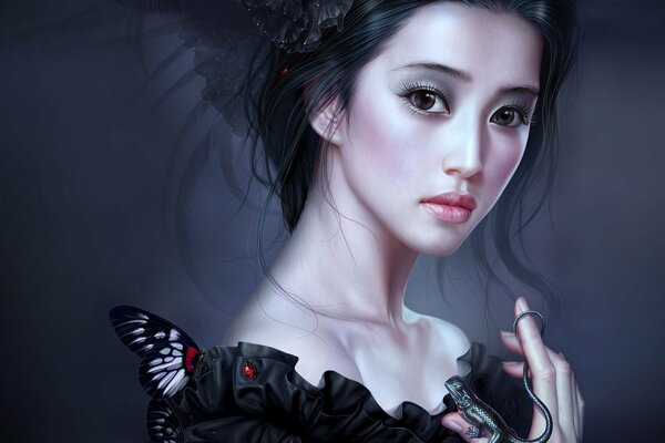 Art asian girl with butterfly and lizard