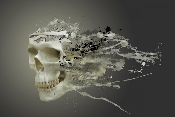 A skull turning into streaks on a gray background