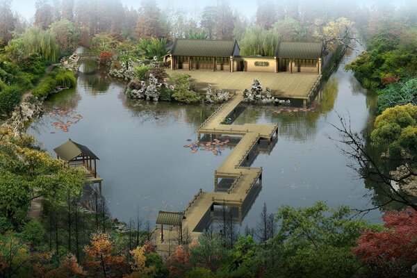 Casas de pescadores junto al río en el bosque