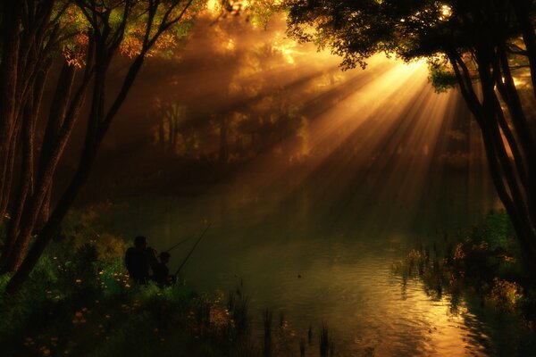 Angeln am Teich in der Sonne