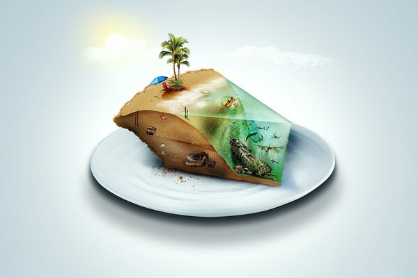 Island on a plate, cake as an island, pie on a plate