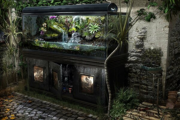 Le réalisme à l intérieur. Bains avec un aquarium et de plantes