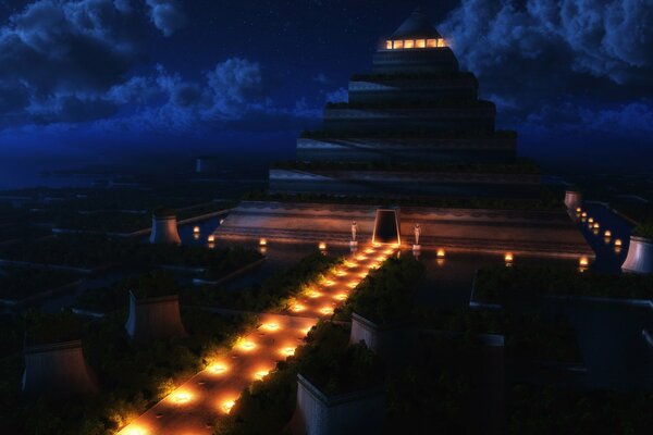 The pyramid-temple is illuminated in the night