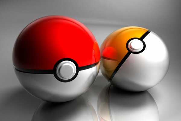 Pokemon balls on a gray mirror background