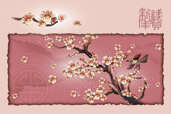 Painting with sakura tree and hieroglyphs