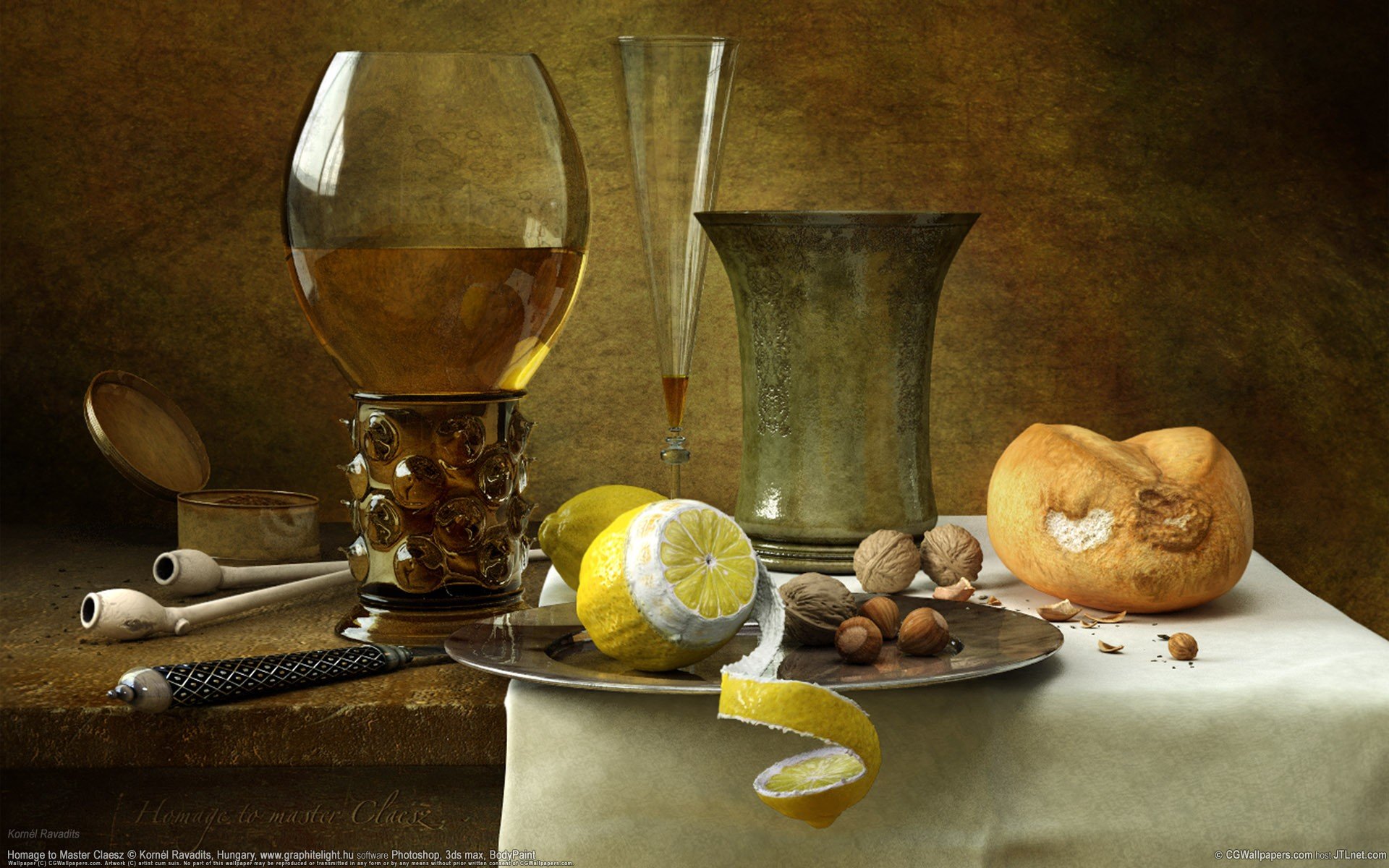 kornél ravadits nature morte verre à vin citron noix