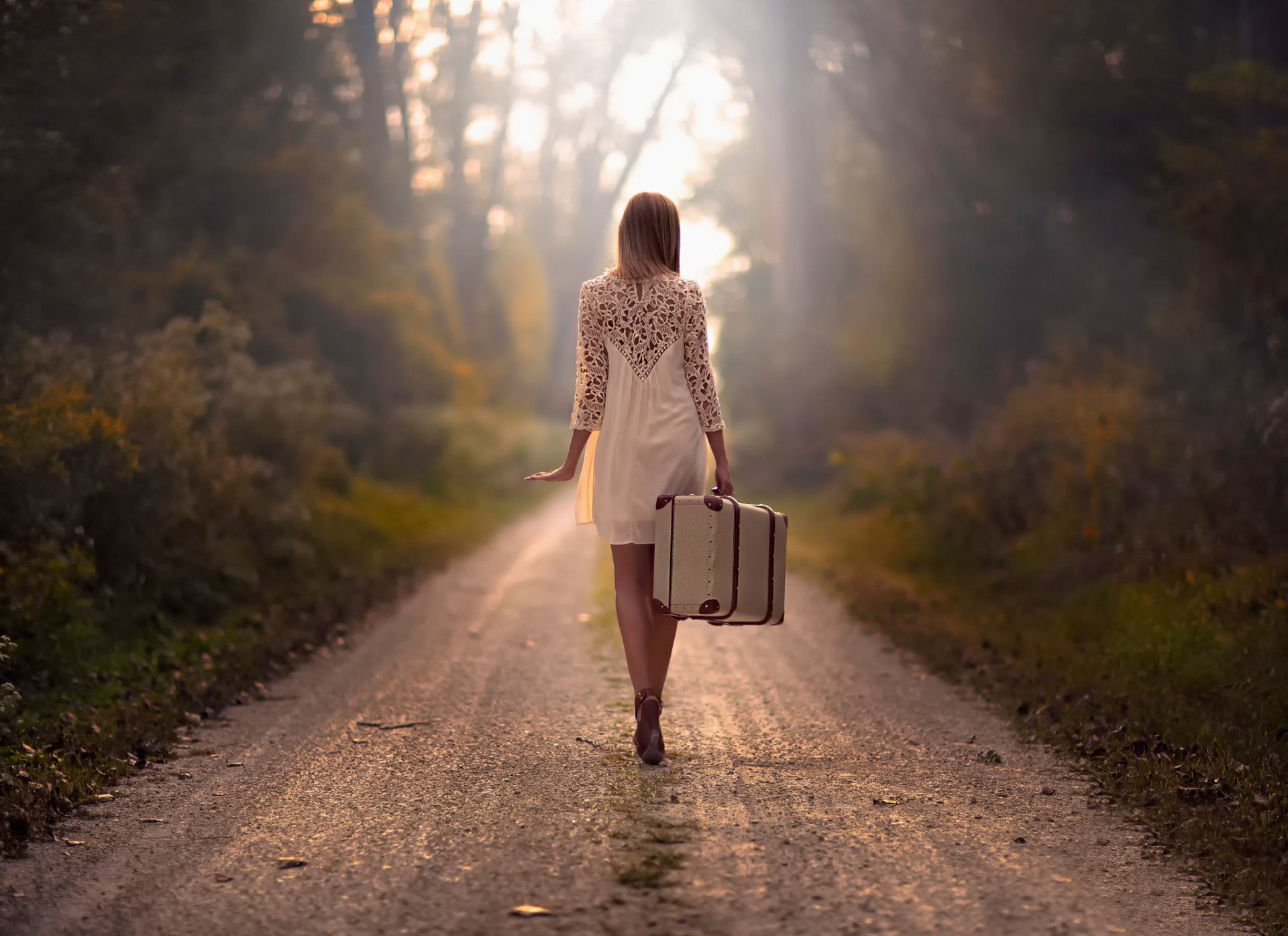 la jeune fille la route une valise la voie