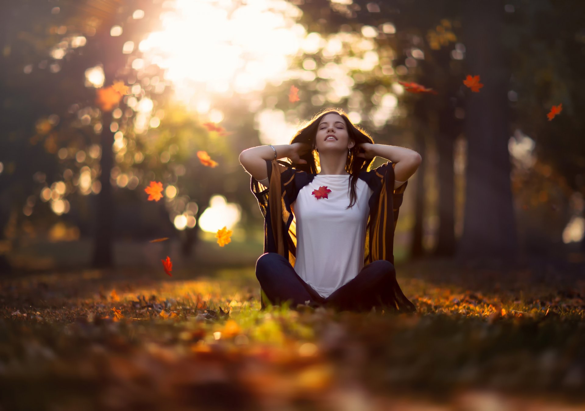 mid autumn morning girl autumn leaf