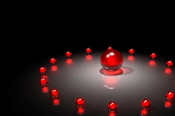 A glossy red ball surrounded by many small ones in a minimalist style