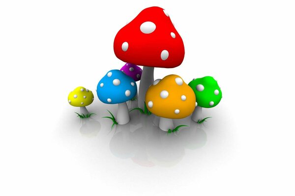 Toadstools are multicolored with green grass