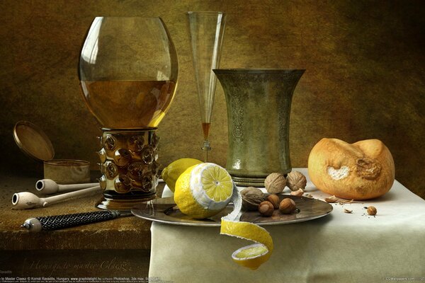 The still life is filled with the smell of lemon and nuts