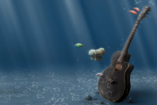 Guitar in the water to which the rays of sunlight reach