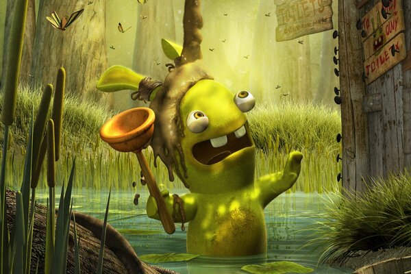 Green rabbit in the swamp with a plunger in his hands