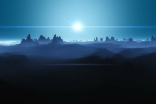 A desert with a blue sun in the distance of the mountains