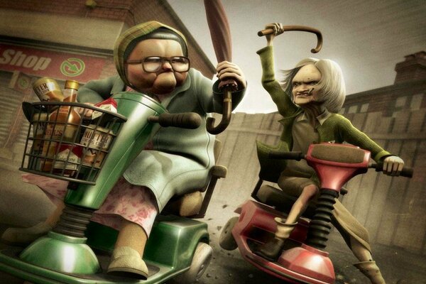 Cartoon grannies on mopeds fight with umbrellas