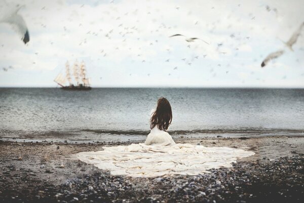 Ein einsames Schiff im Meer , wo Möwen fliegen