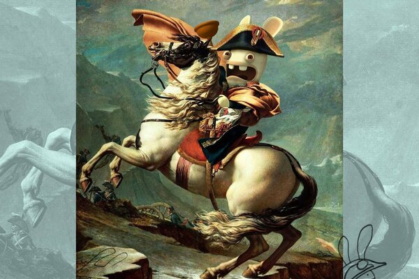 Królik na koniu w kapeluszu Napoleona