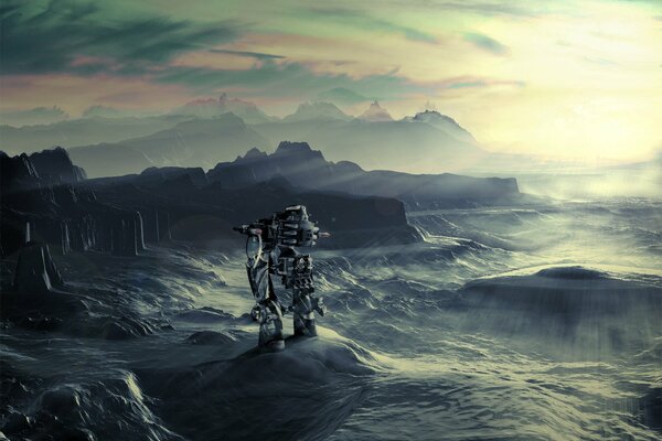 A fantasy image of a robot on the shore