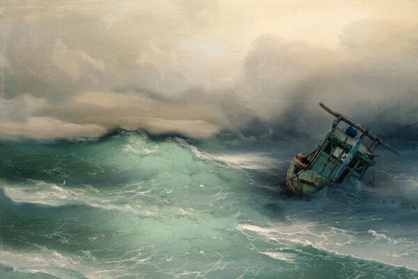 A painting depicting a ship caught in a storm