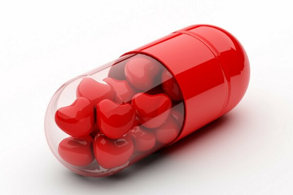 The capsule is transparent red with hearts inside