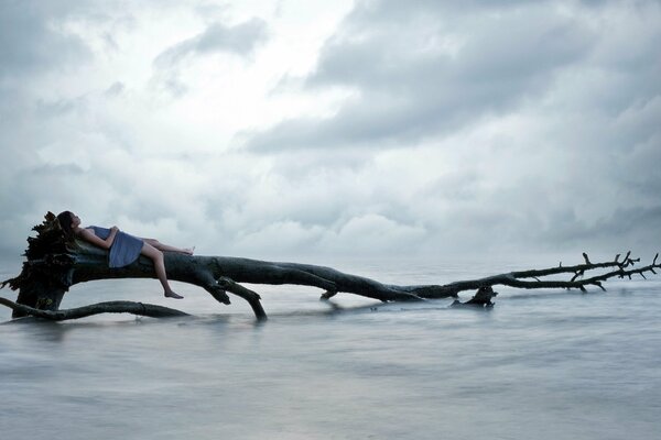 A girl on a fallen black tree in the middle of the sea