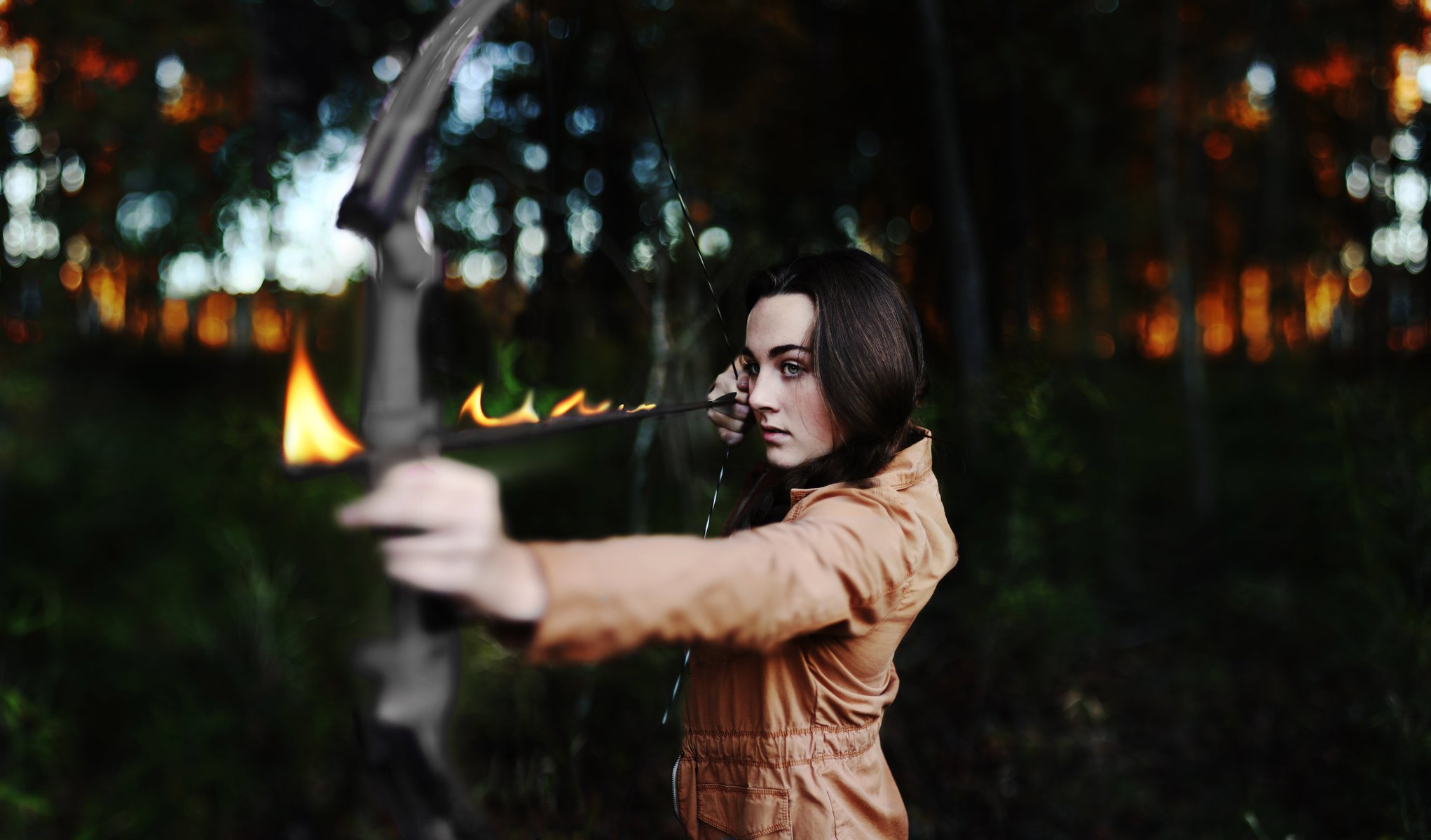 girl brunette mood torment arrow view bokeh flame fire