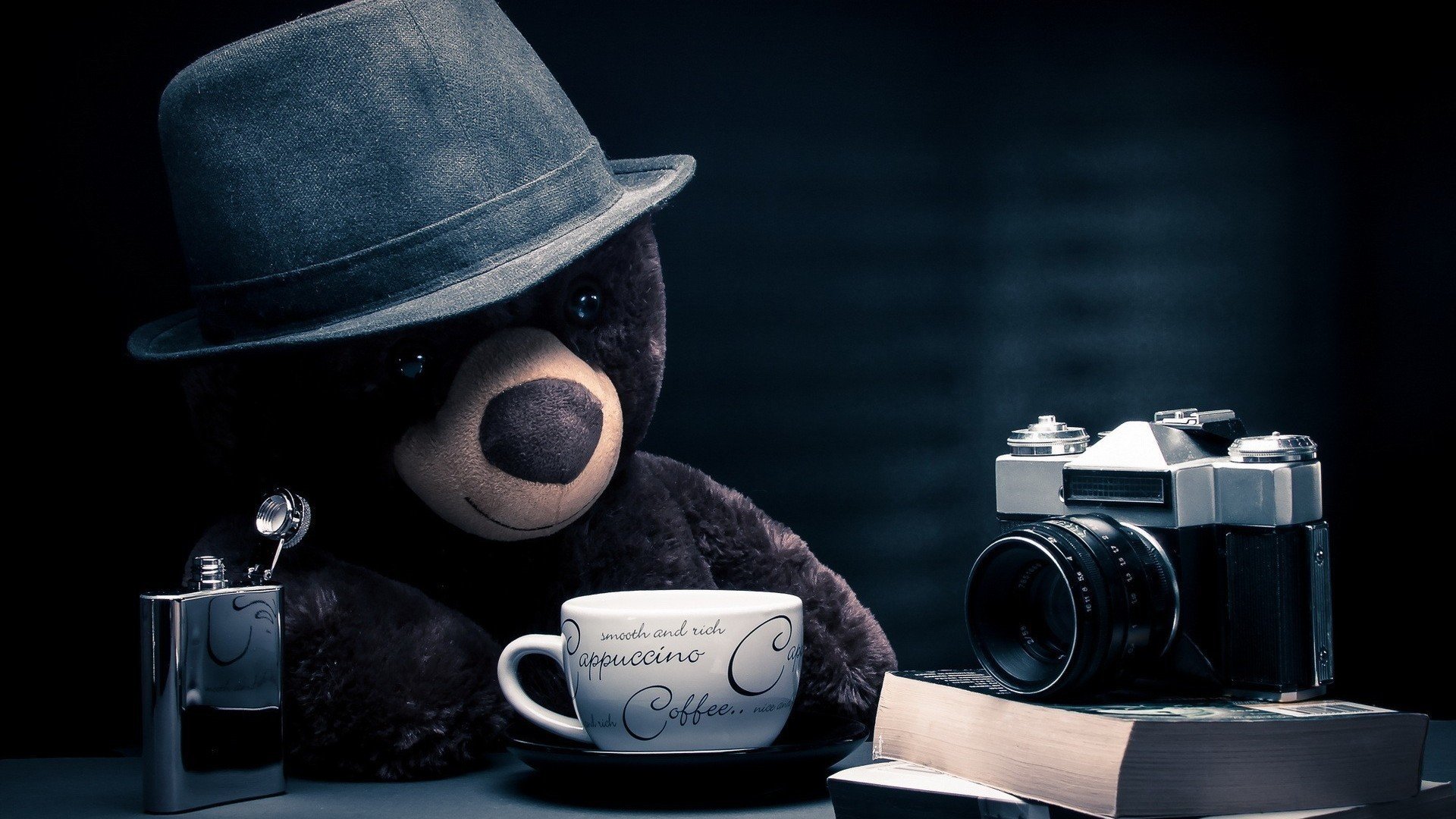 teddy bear books camera hat journalist cappuccino coffee table fantasy bear photographer nostalgia lost in thought blue background