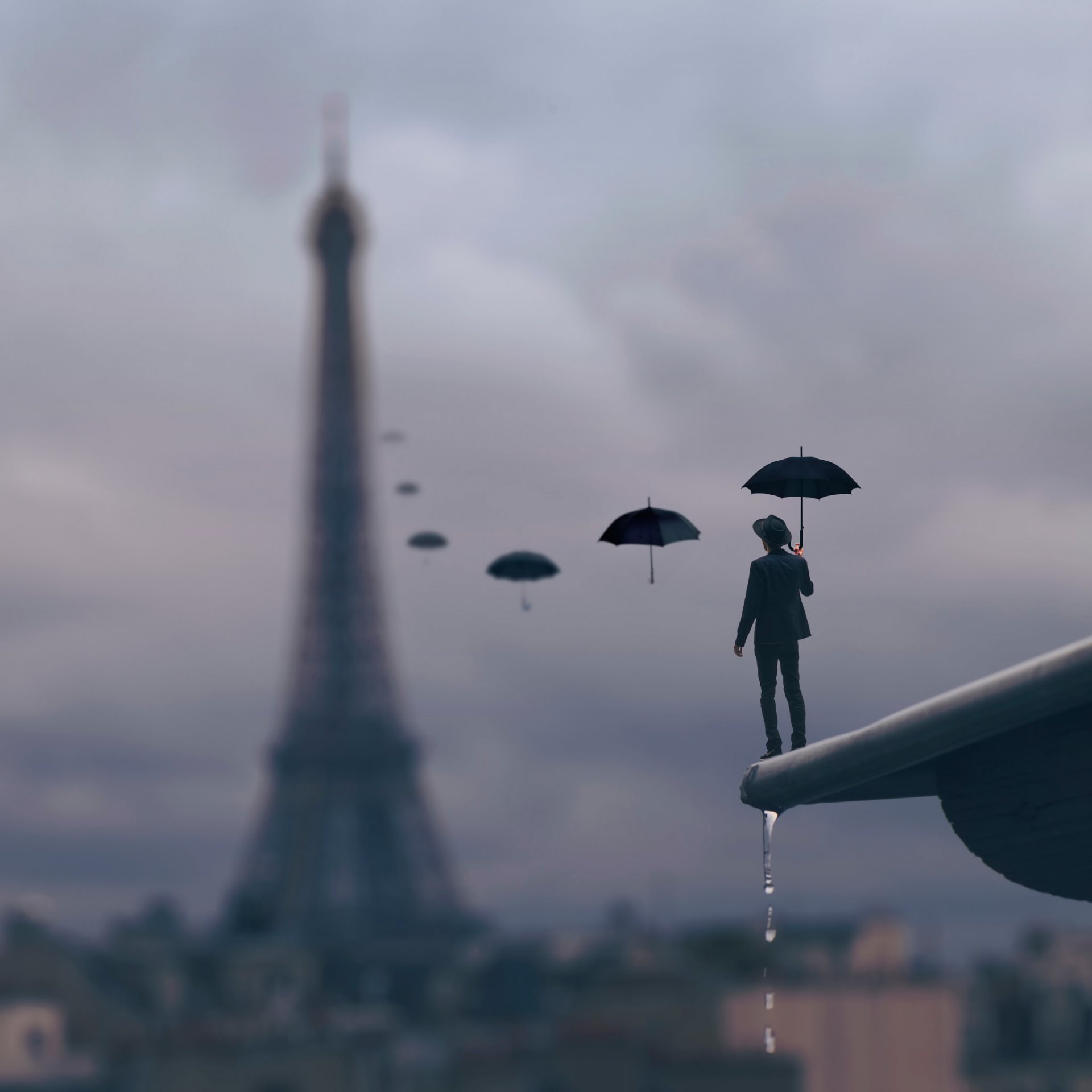 men roof paris umbrella drops rain