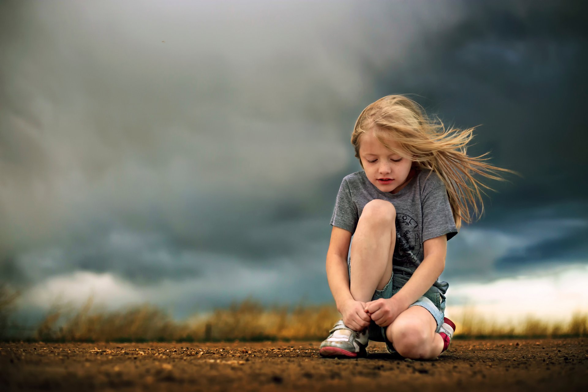 thunderstorm girl road clouds wind weather